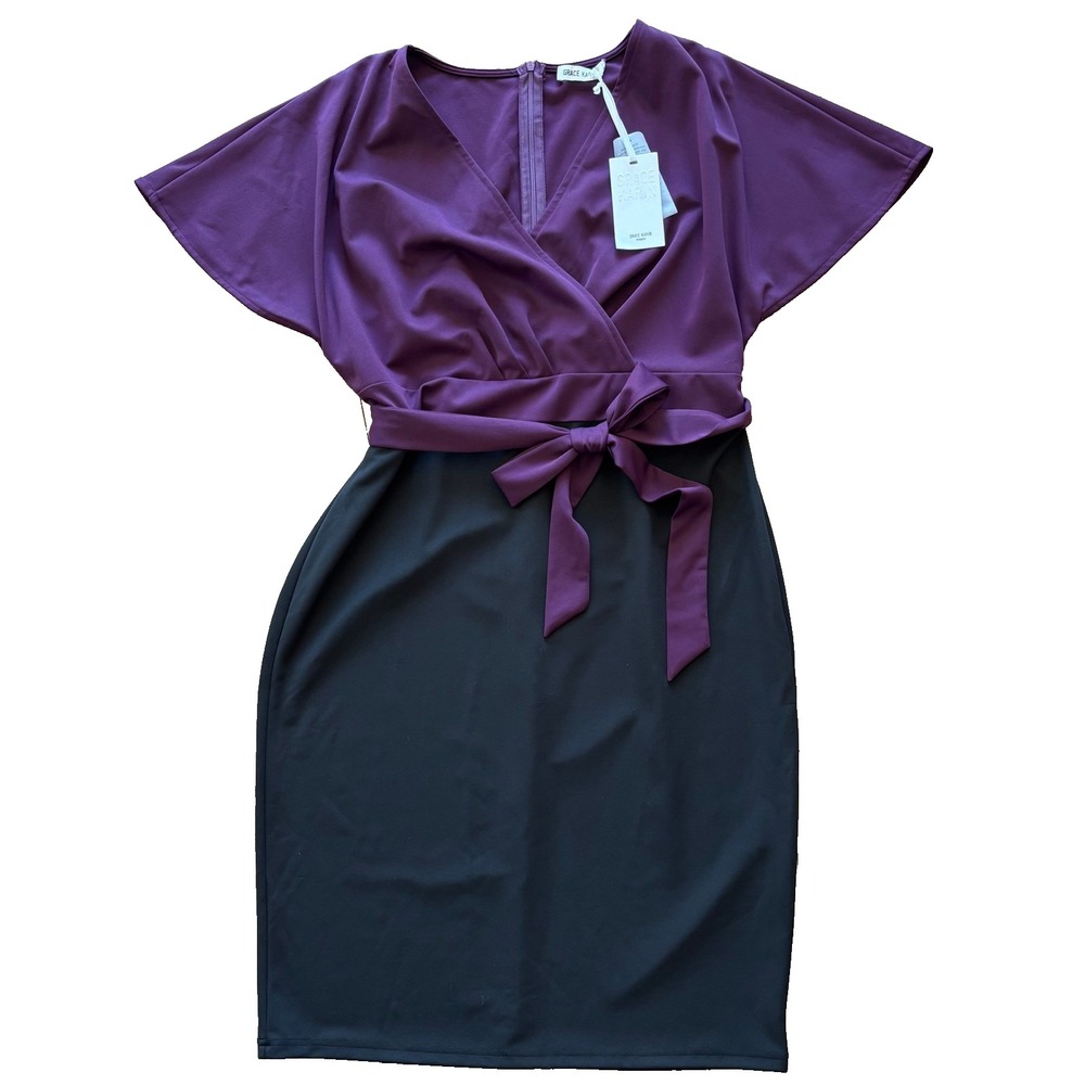 Grace Karin Womens XL‎ Colorblock Sheath Dress Purple Black Flutter Sleeve NWT